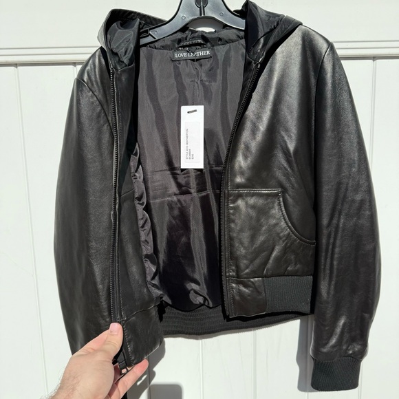 Black all real leather zip-up bomber style jacket lined with hood - Picture 4 of 9